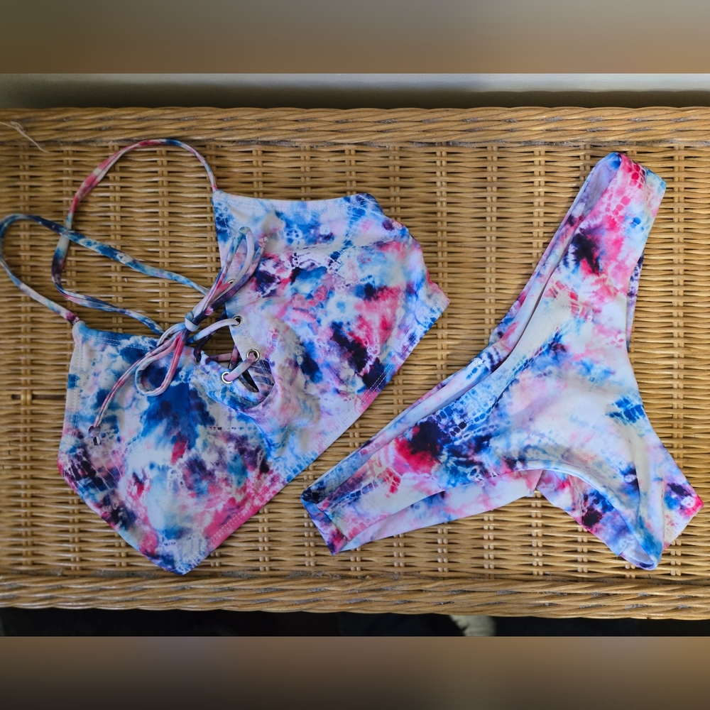 Pink Blue Lace-up Cheeky Tie-Dye Bikini Set
